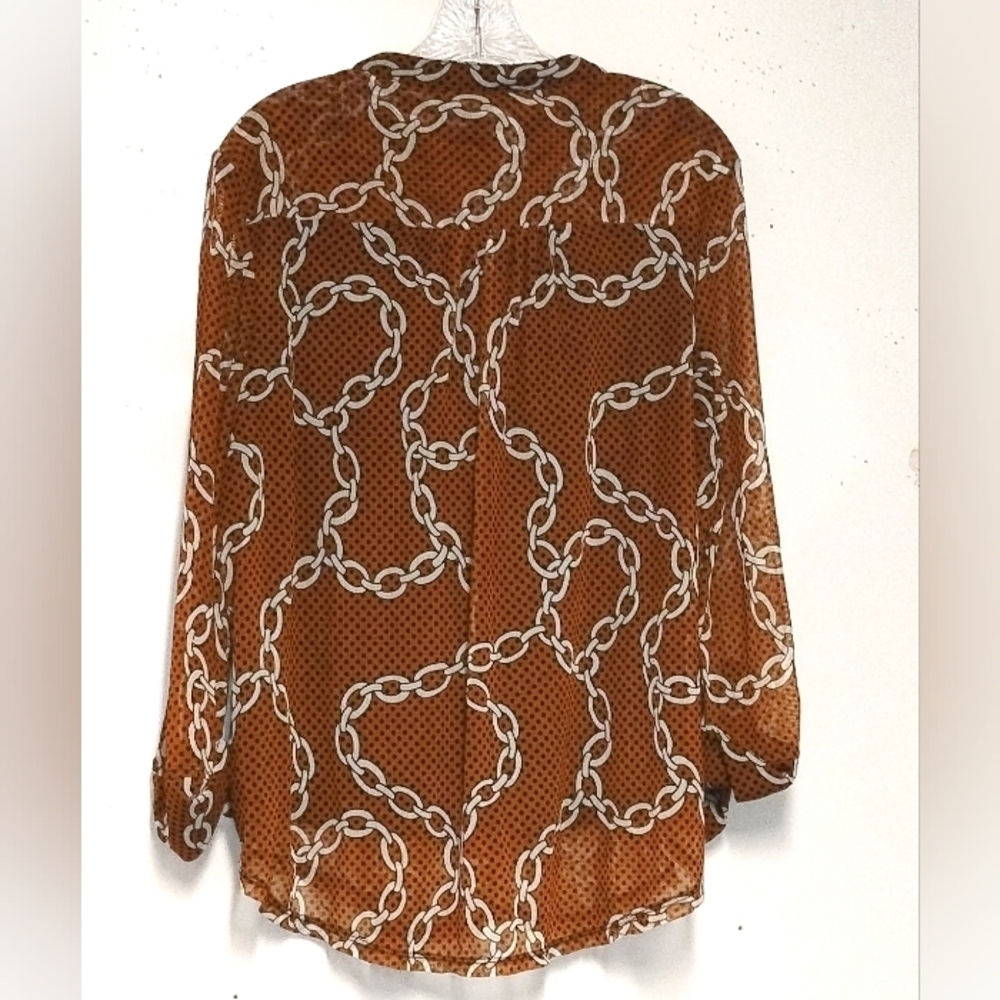 New Directions Tan Chain Print Long Sleeve Blouse | Stylish Pattern Top | Size X - Picture 2 of 5